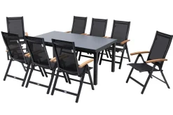 OUTFLEXX Premium Garten-Essgruppe, OUTFLEXX® anthrazit matt, Alu / Glas / Teak, Tisch 180/240x100cm, 8 Klappstühle