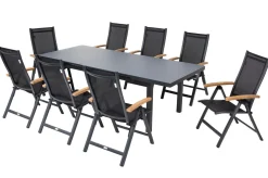OUTFLEXX Premium Garten-Essgruppe, OUTFLEXX® anthrazit matt, Alu / Glas / Teak, Tisch 180/240x100cm, 8 Klappstühle