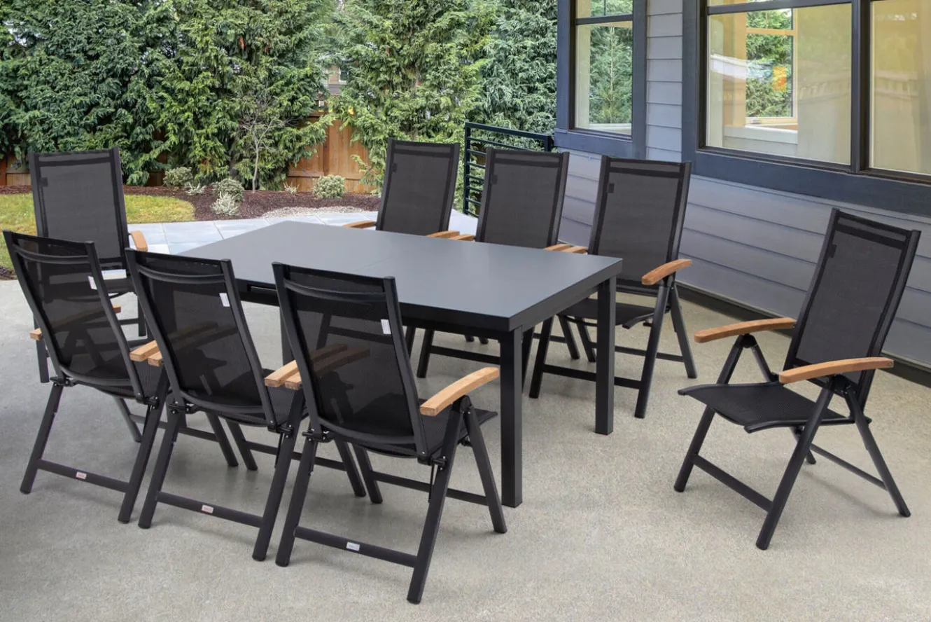 OUTFLEXX Premium Garten-Essgruppe, OUTFLEXX® anthrazit matt, Alu / Glas / Teak, Tisch 180/240x100cm, 8 Klappstühle