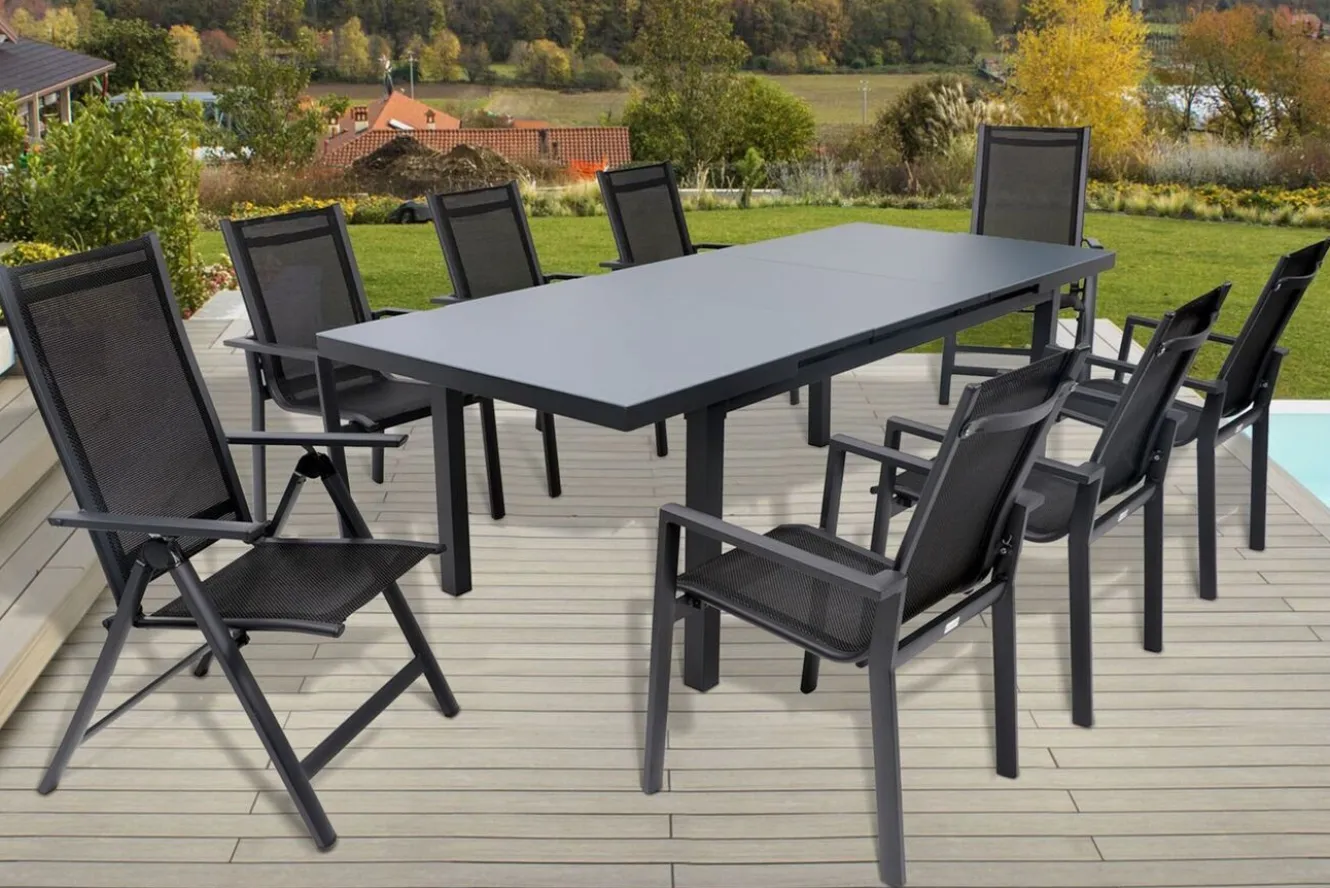 OUTFLEXX Premium Garten-Essgruppe, 8 Personen, ausziehbarer Tisch 180–240 cm, Alu/Textilene, 6 Stapel- 2 Klappstühle