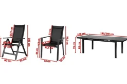 OUTFLEXX Premium Garten-Essgruppe, 8 Personen, ausziehbarer Tisch 180–240 cm, Alu/Textilene, 6 Stapel- 2 Klappstühle