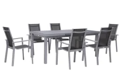 OUTFLEXX Premium Garten-Essgruppe, silber/grau, Alu/Textilene, Ausziehtisch 180/240 x 100 cm, 6 Stapelsessel