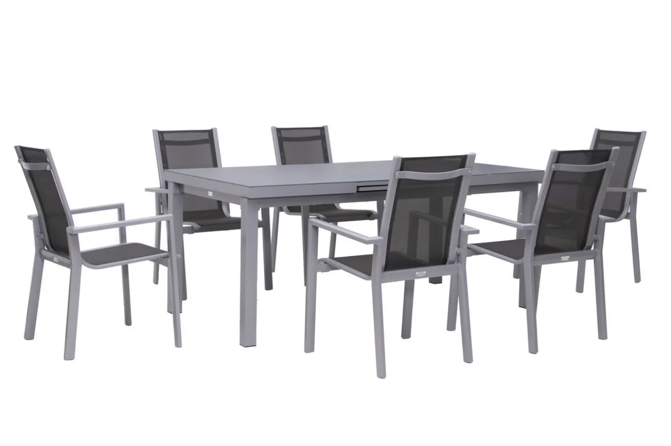 OUTFLEXX Premium Garten-Essgruppe, silber/grau, Alu/Textilene, Ausziehtisch 180/240 x 100 cm, 6 Stapelsessel