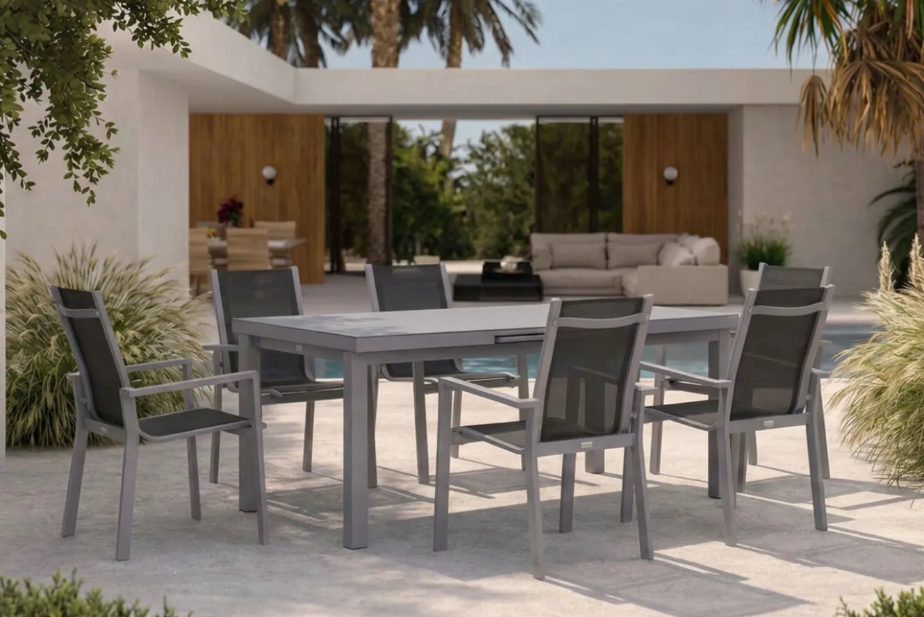 OUTFLEXX Premium Garten-Essgruppe, silber/grau, Alu/Textilene, Ausziehtisch 180/240 x 100 cm, 6 Stapelsessel