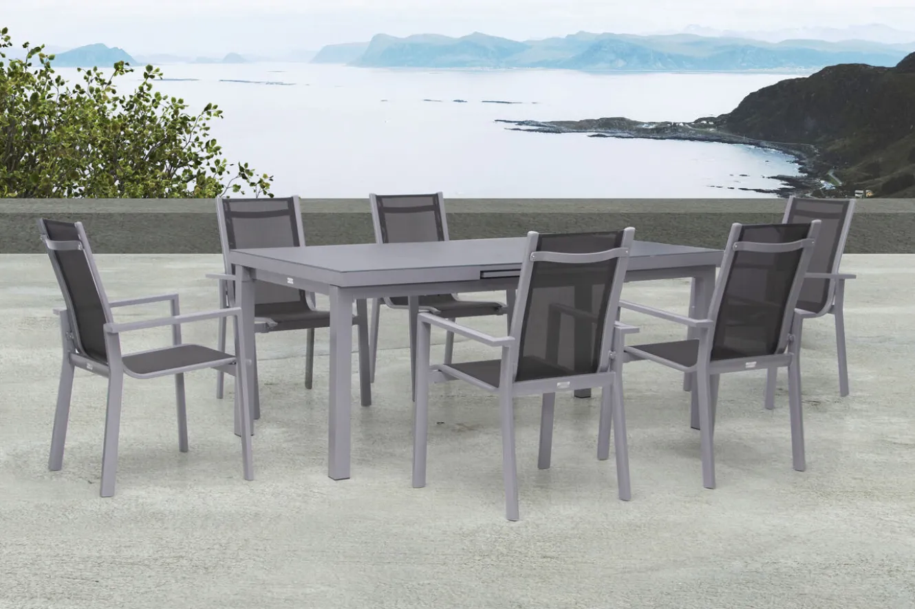 OUTFLEXX Premium Garten-Essgruppe, silber/grau, Alu/Textilene, Ausziehtisch 180/240 x 100 cm, 6 Stapelsessel