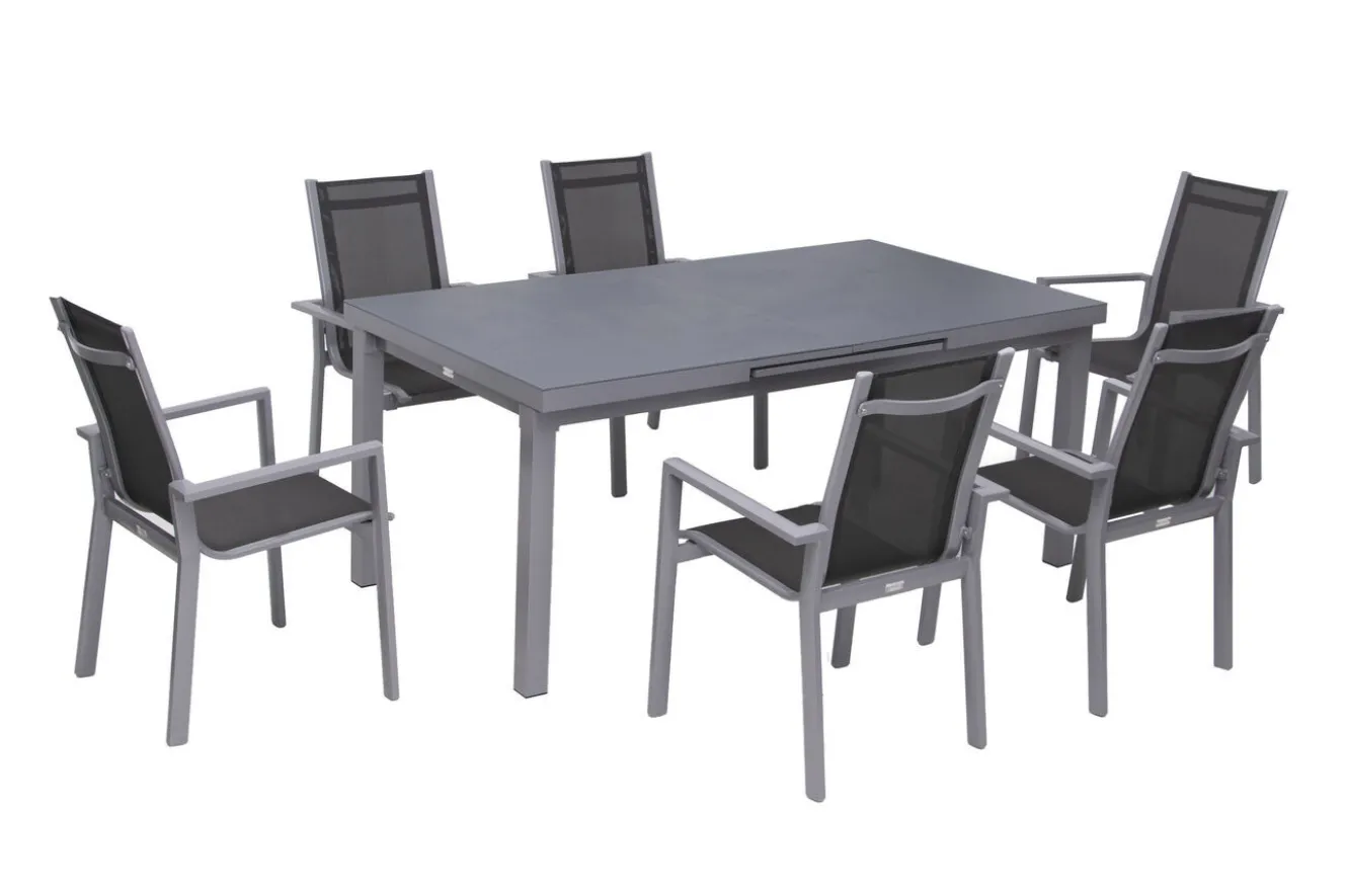 OUTFLEXX Premium Garten-Essgruppe, silber/grau, Alu/Textilene, Ausziehtisch 180/240 x 100 cm, 6 Stapelsessel