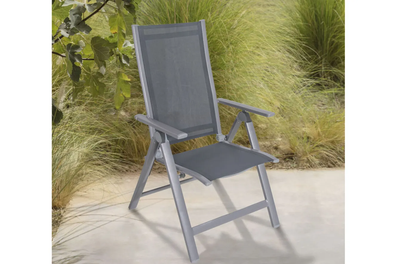 OUTFLEXX Premium Garten-Essgruppe, silber/grau, Alu/Textilene, Ausziehtisch 180/240 x 100 cm, 6 Stapel-, 2 Klappstühle