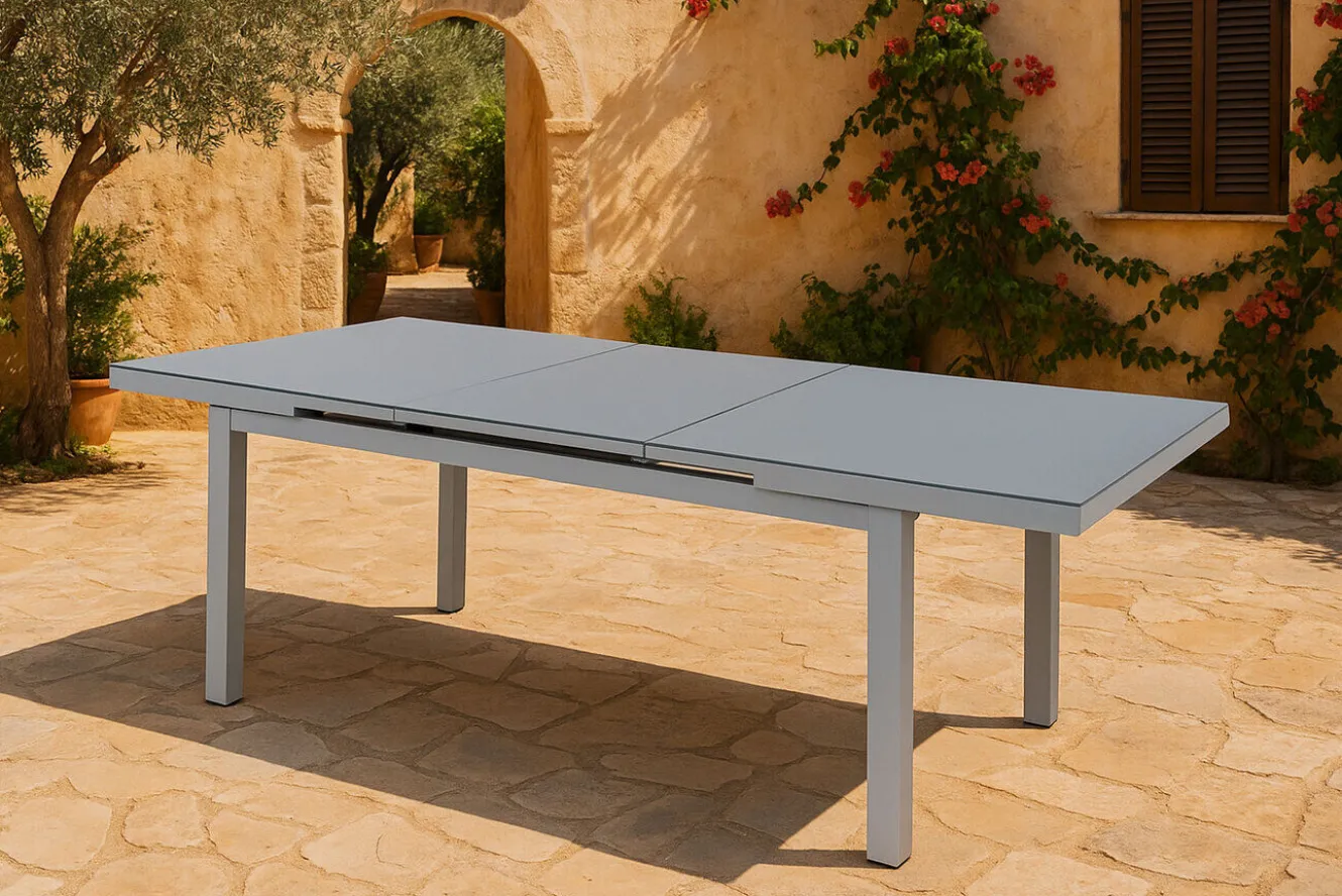 OUTFLEXX Premium Garten-Essgruppe, silber/grau, Alu/Textilene, Ausziehtisch 180/240 x 100 cm, 6 Stapel-, 2 Klappstühle