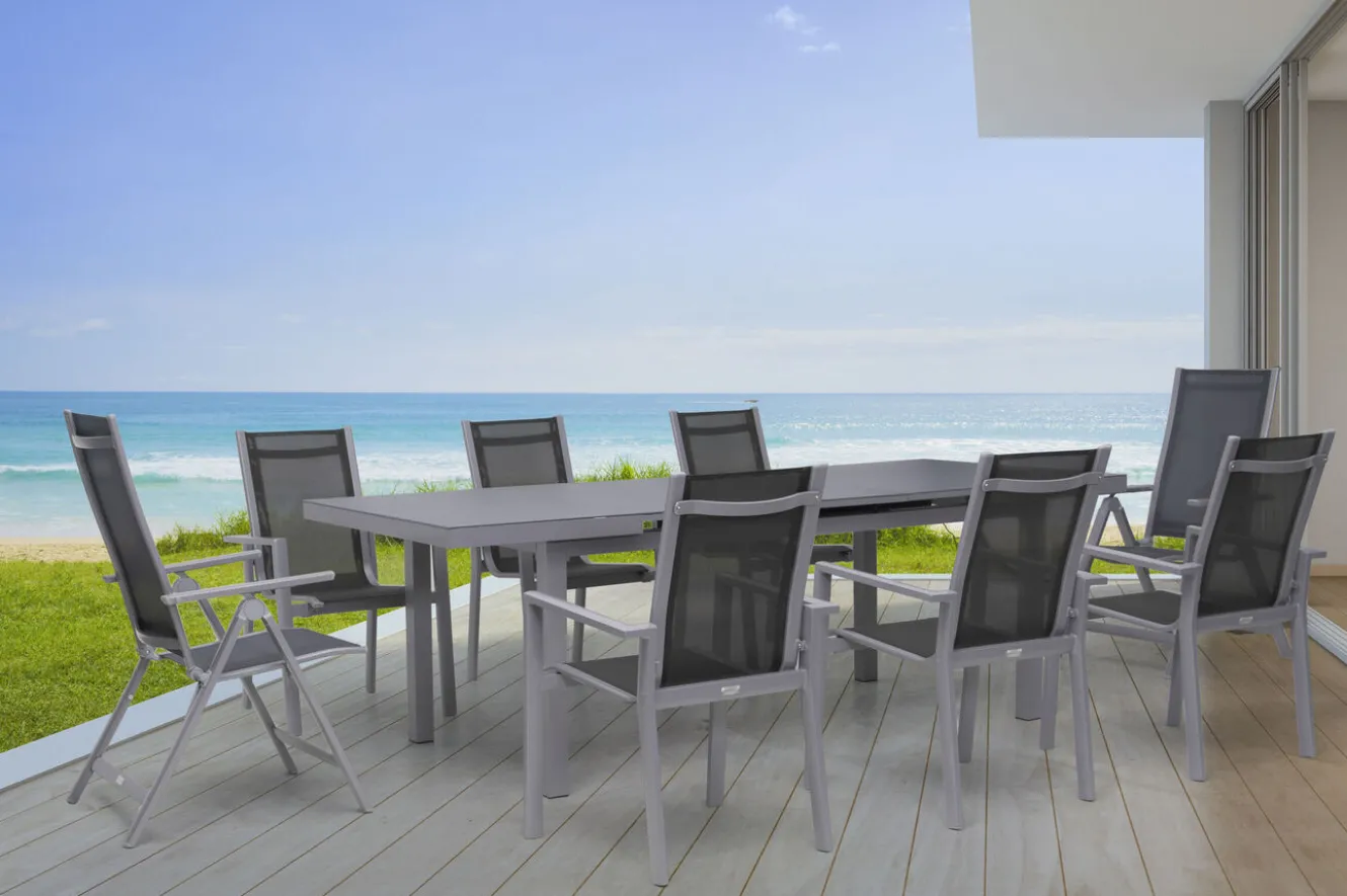 OUTFLEXX Premium Garten-Essgruppe, silber/grau, Alu/Textilene, Ausziehtisch 180/240 x 100 cm, 6 Stapel-, 2 Klappstühle