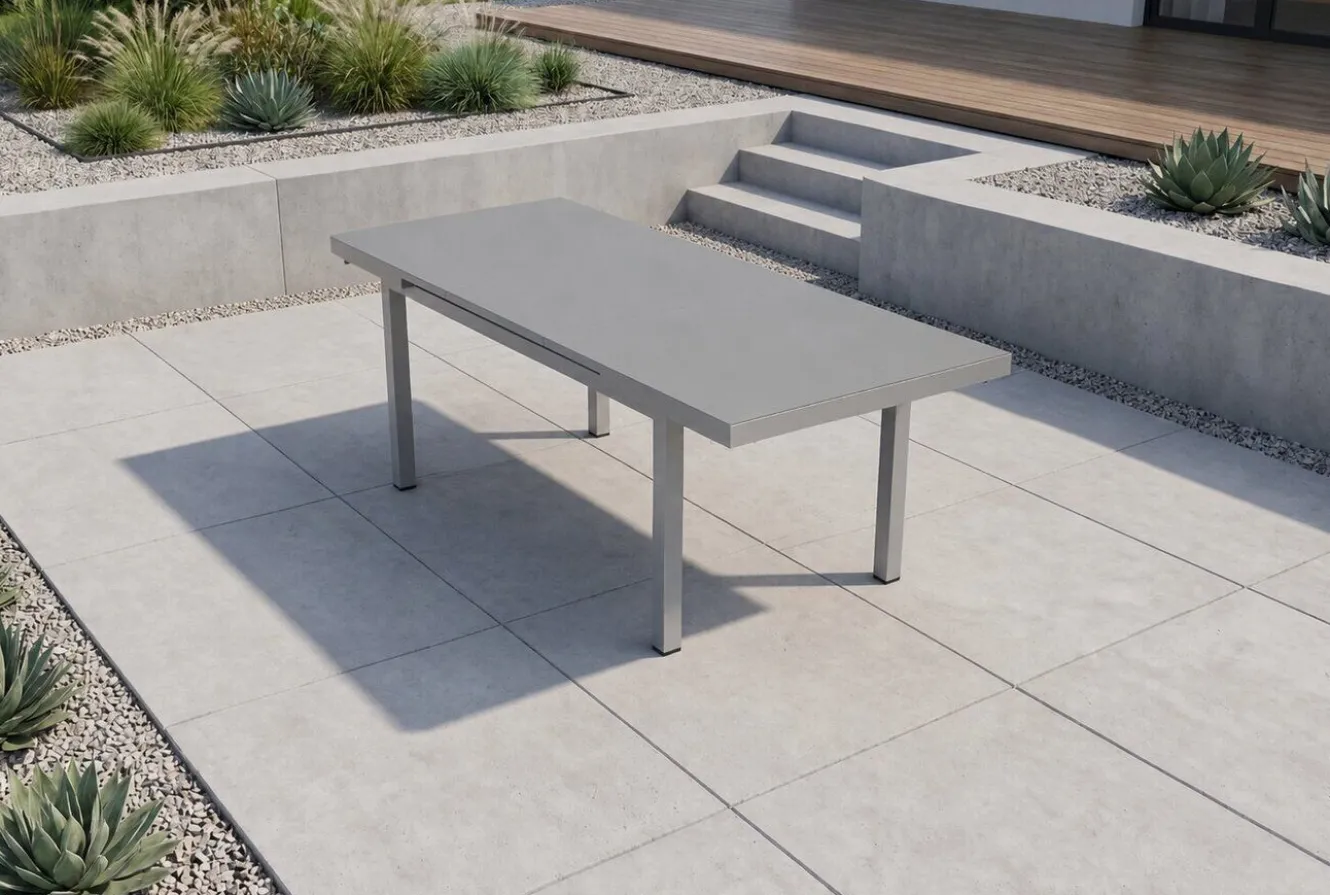 OUTFLEXX Premium Garten-Essgruppe, silber/grau, Alu/Textilene, Ausziehtisch 180/240 x 100 cm, 6 Stapel-, 2 Klappstühle