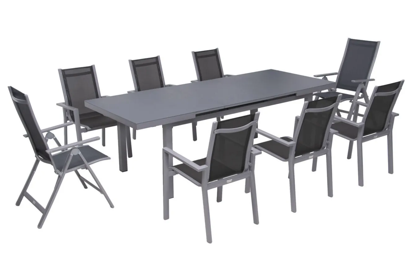 OUTFLEXX Premium Garten-Essgruppe, silber/grau, Alu/Textilene, Ausziehtisch 180/240 x 100 cm, 6 Stapel-, 2 Klappstühle