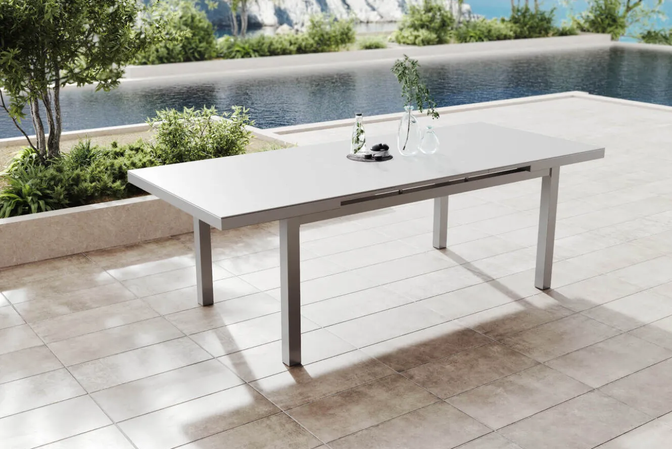 OUTFLEXX Premium Garten-Essgruppe, silber/grau, Alu/Textilene, Ausziehtisch 180/240 x 100 cm, 6 Stapel-, 2 Klappstühle
