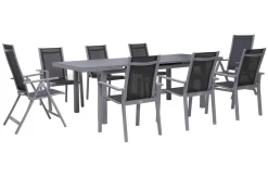 OUTFLEXX Premium Garten-Essgruppe, silber/grau, Alu/Textilene, Ausziehtisch 180/240 x 100 cm, 6 Stapel-, 2 Klappstühle