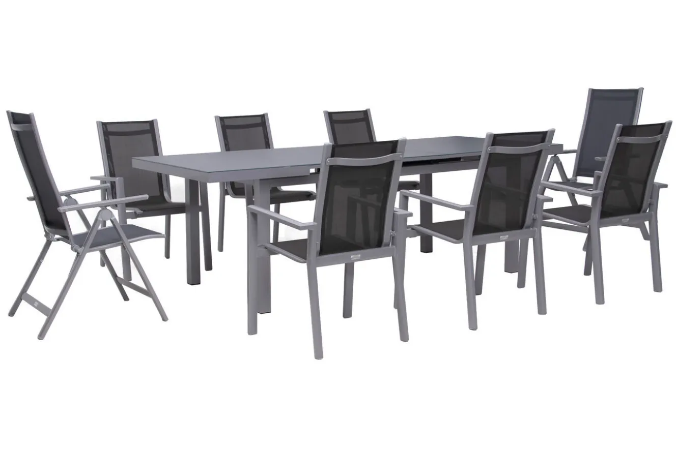 OUTFLEXX Premium Garten-Essgruppe, silber/grau, Alu/Textilene, Ausziehtisch 180/240 x 100 cm, 6 Stapel-, 2 Klappstühle