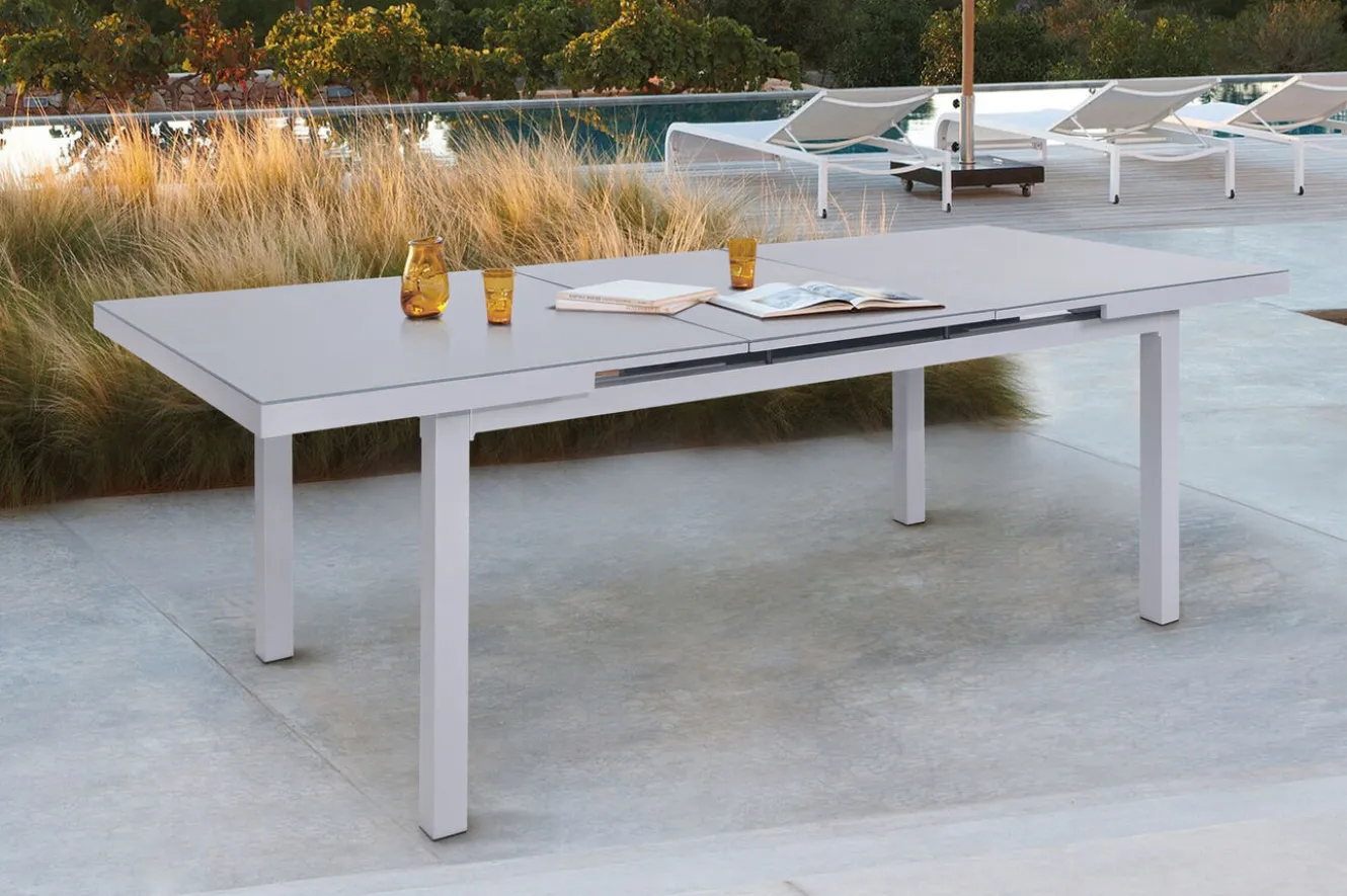 OUTFLEXX Premium Garten-Essgruppe, silber/grau, Alu/Textilene, Ausziehtisch 180/240 x 100 cm, 6 Stapel-, 2 Klappstühle
