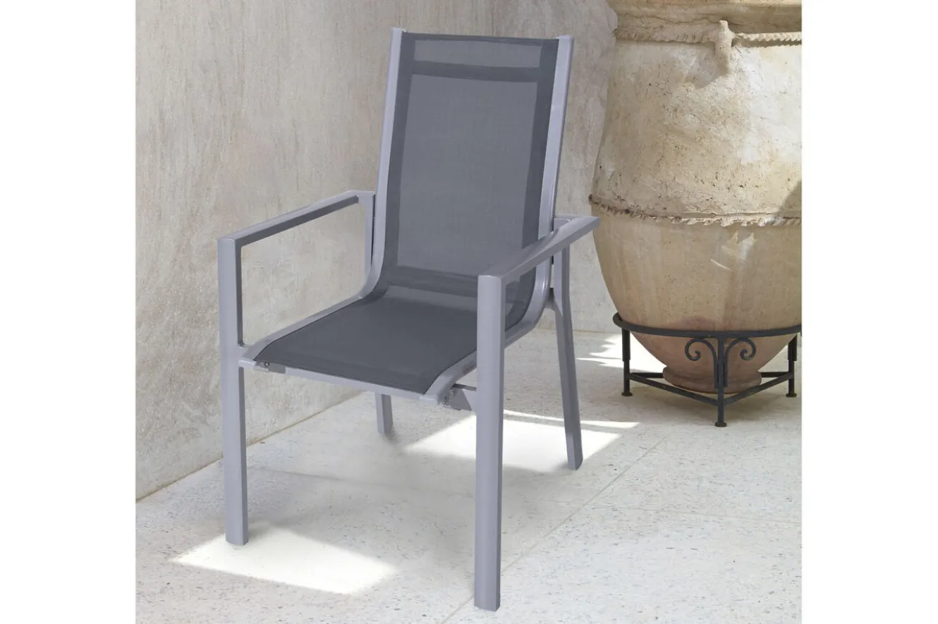 OUTFLEXX Premium Garten-Essgruppe, silber/grau, Alu/Textilene, Ausziehtisch 180/240 x 100 cm, 6 Stapel-, 2 Klappstühle