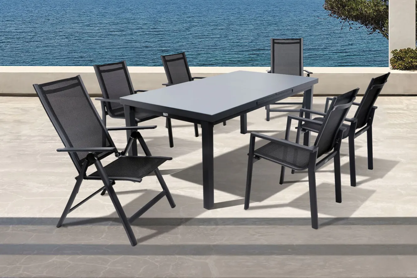 OUTFLEXX Premium Garten-Essgruppe, OUTFLEXX® anthrazit matt, Alu/Textilene, Tisch 180/240x100cm, 4 Stapel-, 2 Klappstühle