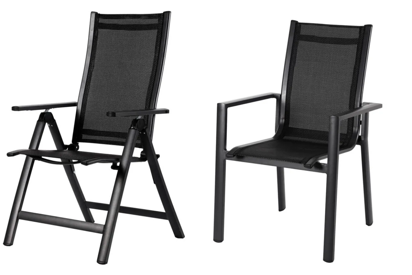 OUTFLEXX Premium Garten-Essgruppe, OUTFLEXX® anthrazit matt, Alu/Textilene, Tisch 180/240x100cm, 4 Stapel-, 2 Klappstühle