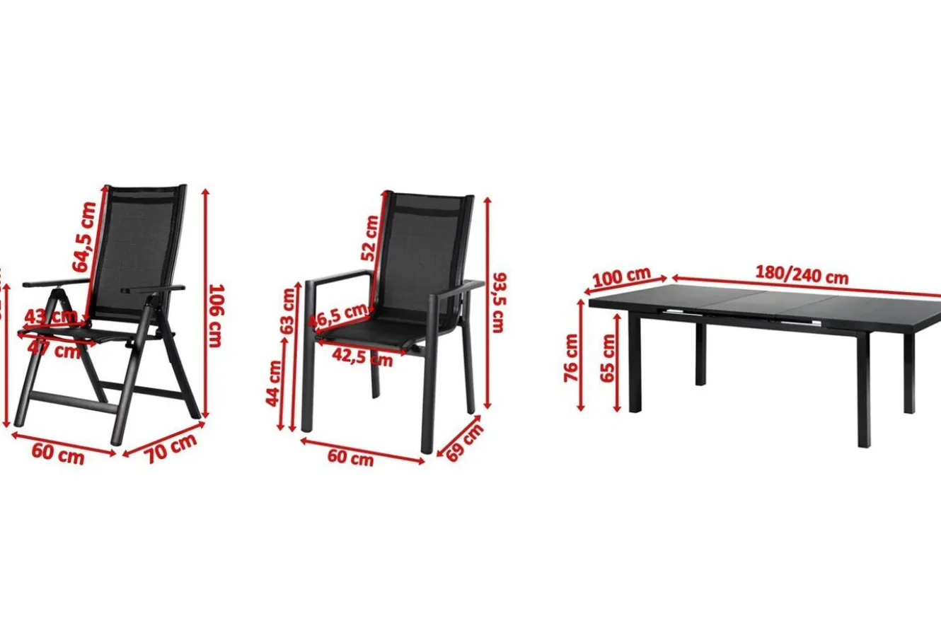 OUTFLEXX Premium Garten-Essgruppe, OUTFLEXX® anthrazit matt, Alu/Textilene, Tisch 180/240x100cm, 4 Stapel-, 2 Klappstühle