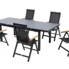 OUTFLEXX Premium Garten-Essgruppe, OUTFLEXX® anthrazit matt, Alu / Glas / Teak, Tisch 180/240x100cm, 6 Klappstühle