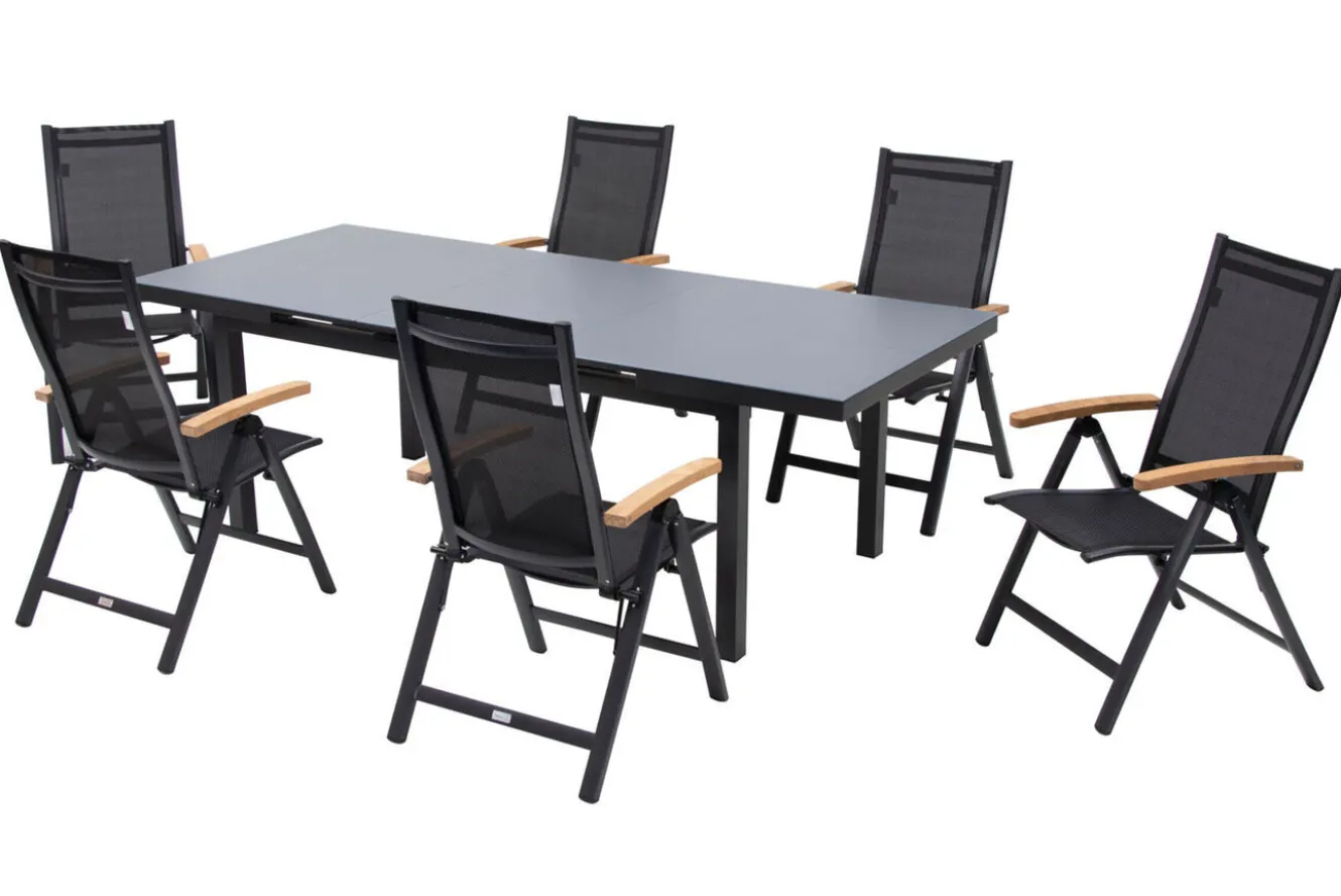 OUTFLEXX Premium Garten-Essgruppe, OUTFLEXX® anthrazit matt, Alu / Glas / Teak, Tisch 180/240x100cm, 6 Klappstühle