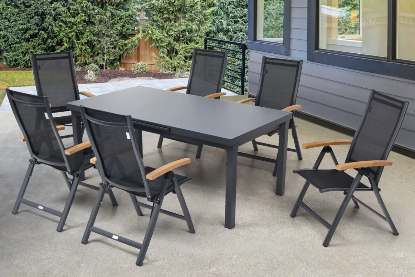 OUTFLEXX Premium Garten-Essgruppe, OUTFLEXX® anthrazit matt, Alu / Glas / Teak, Tisch 180/240x100cm, 6 Klappstühle