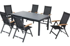 OUTFLEXX Premium Garten-Essgruppe, OUTFLEXX® anthrazit matt, Alu / Glas / Teak, Tisch 180/240x100cm, 6 Klappstühle