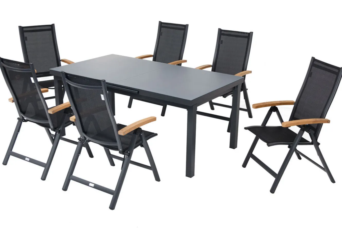 OUTFLEXX Premium Garten-Essgruppe, OUTFLEXX® anthrazit matt, Alu / Glas / Teak, Tisch 180/240x100cm, 6 Klappstühle