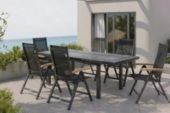 OUTFLEXX Premium Garten-Essgruppe, OUTFLEXX® anthrazit matt, Alu / Glas / Teak, Tisch 180/240x100cm, 6 Klappstühle