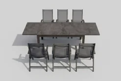 OUTFLEXX Premium Garten-Essgruppe, anthrazit/grau, Alu / Spraystone / Textilene, Tisch 160/260 x 100 cm, 6 Klappstühle