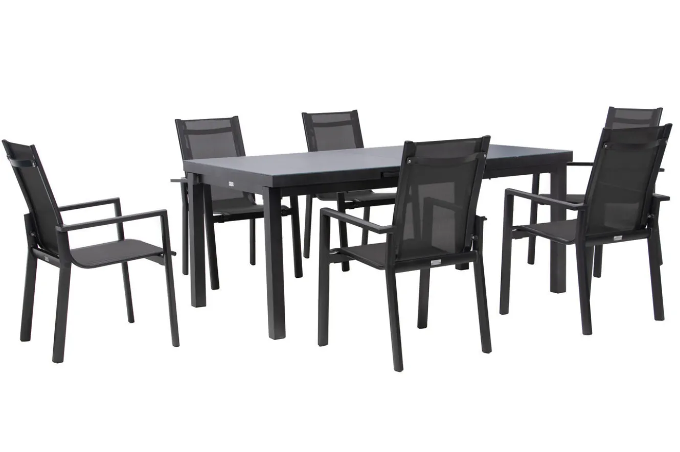OUTFLEXX Premium Garten-Essgruppe, anthrazit/grau, Alu/Textilene, Ausziehtisch 180/240x100cm, 6 Stapelsessel