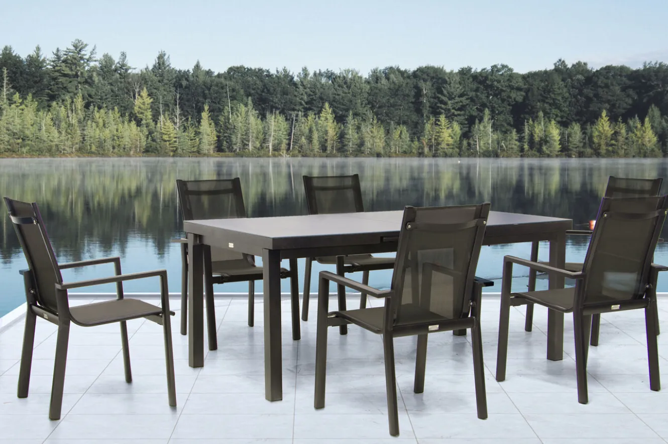 OUTFLEXX Premium Garten-Essgruppe, anthrazit/grau, Alu/Textilene, Ausziehtisch 180/240x100cm, 6 Stapelsessel