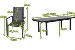 OUTFLEXX Premium Garten-Essgruppe, anthrazit/grau, Alu/Textilene, Ausziehtisch 180/240x100cm, 6 Stapelsessel