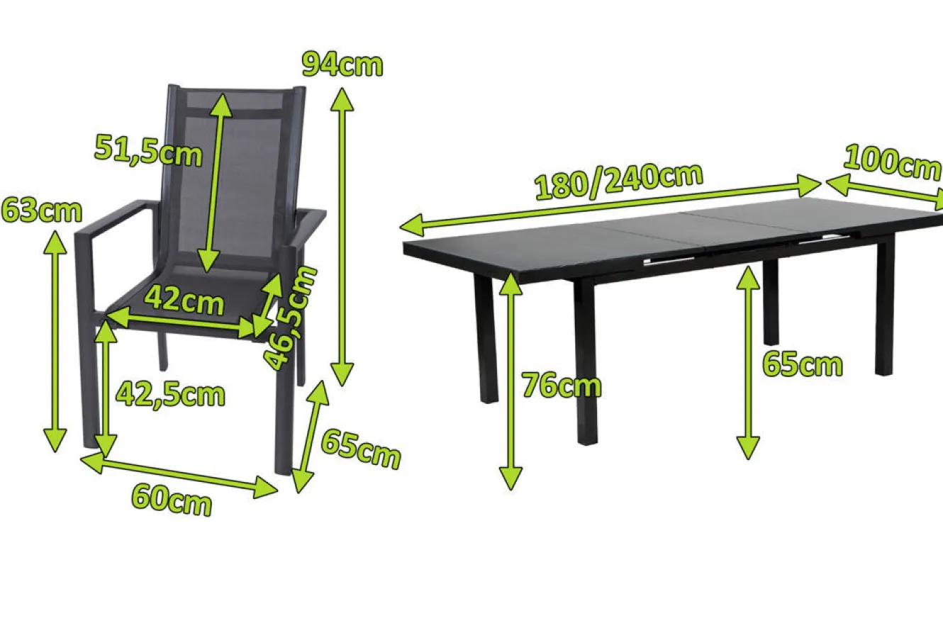 OUTFLEXX Premium Garten-Essgruppe, anthrazit/grau, Alu/Textilene, Ausziehtisch 180/240x100cm, 6 Stapelsessel