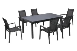 OUTFLEXX Premium Garten-Essgruppe, anthrazit/grau, Alu/Textilene, Ausziehtisch 180/240x100cm, 6 Stapelsessel