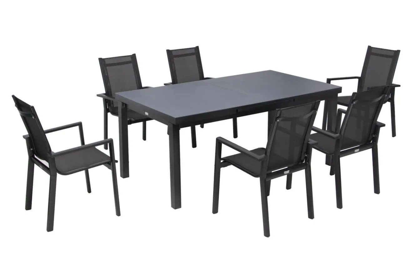OUTFLEXX Premium Garten-Essgruppe, anthrazit/grau, Alu/Textilene, Ausziehtisch 180/240x100cm, 6 Stapelsessel
