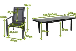 OUTFLEXX Premium Garten-Essgruppe, anthrazit/grau, Alu/Textilene, Ausziehtisch 180/240x100cm, 6 Stapelsessel