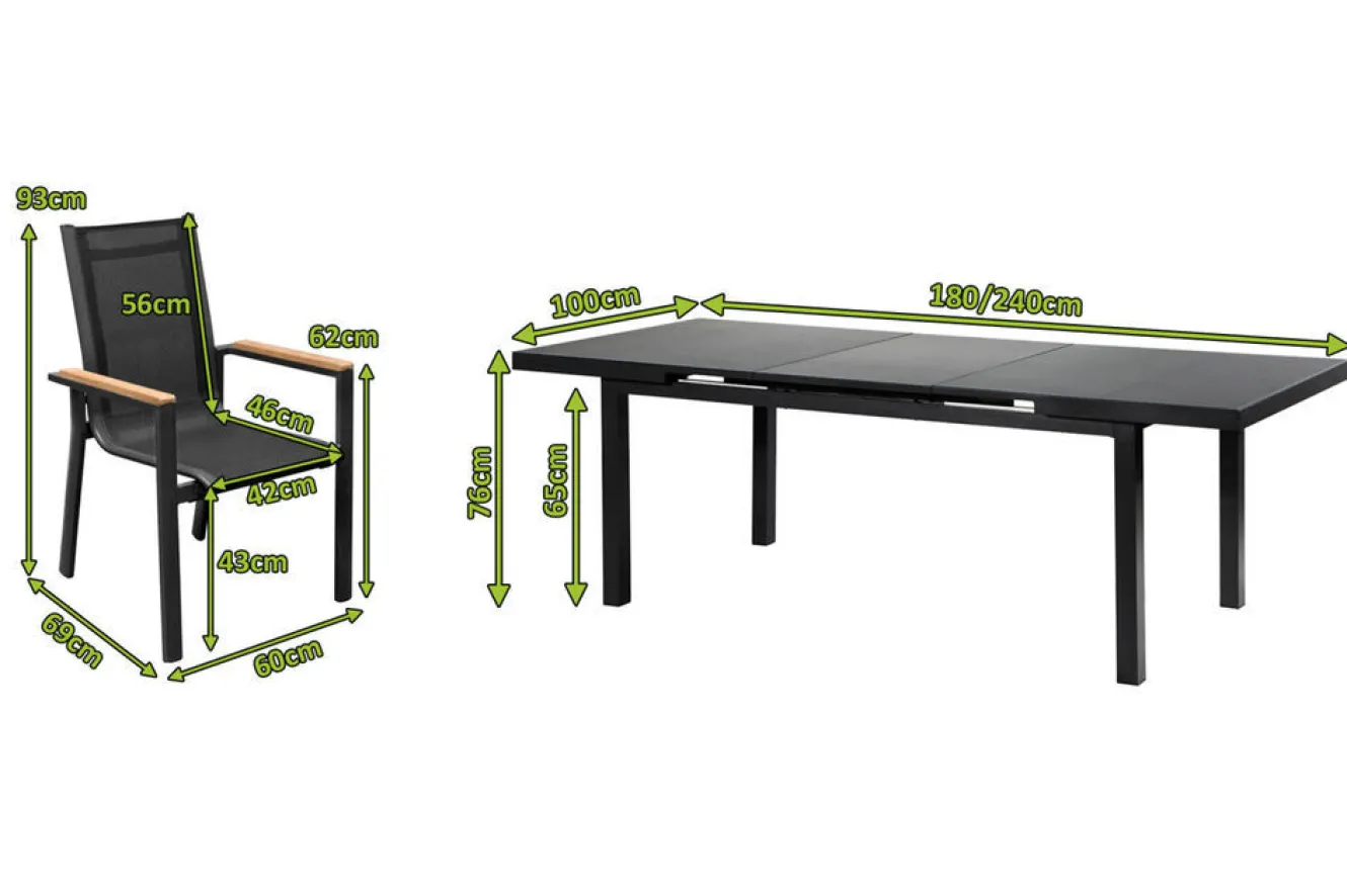 OUTFLEXX Premium Garten-Essgruppe, OUTFLEXX® anthrazit matt, Alu / Glas / Teak, Tisch 180/240x100cm, 8 Stapelsessel