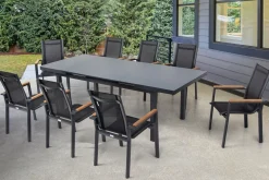 OUTFLEXX Premium Garten-Essgruppe, OUTFLEXX® anthrazit matt, Alu / Glas / Teak, Tisch 180/240x100cm, 8 Stapelsessel