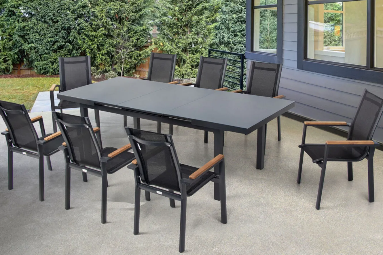 OUTFLEXX Premium Garten-Essgruppe, OUTFLEXX® anthrazit matt, Alu / Glas / Teak, Tisch 180/240x100cm, 8 Stapelsessel