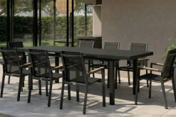 OUTFLEXX Premium Garten-Essgruppe, OUTFLEXX® anthrazit matt, Alu / Glas / Teak, Tisch 180/240x100cm, 8 Stapelsessel