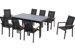 OUTFLEXX Premium Garten-Essgruppe, OUTFLEXX® anthrazit matt, Alu / Glas / Teak, Tisch 180/240x100cm, 8 Stapelsessel