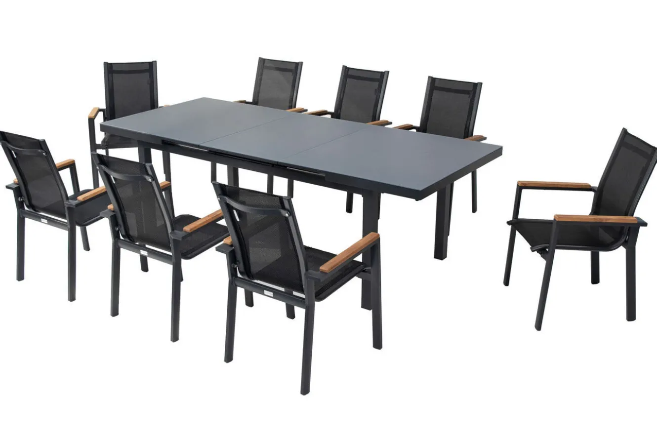 OUTFLEXX Premium Garten-Essgruppe, OUTFLEXX® anthrazit matt, Alu / Glas / Teak, Tisch 180/240x100cm, 8 Stapelsessel