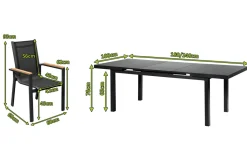 OUTFLEXX Premium Garten-Essgruppe, OUTFLEXX® anthrazit matt, Alu / Glas / Teak, Tisch 180/240x100cm, 8 Stapelsessel