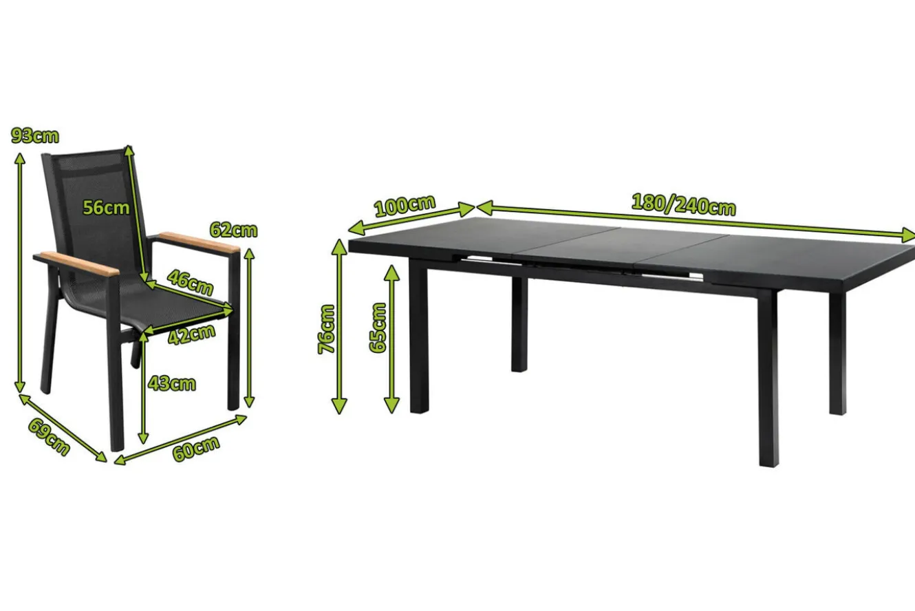 OUTFLEXX Premium Garten-Essgruppe, OUTFLEXX® anthrazit matt, Alu / Glas / Teak, Tisch 180/240x100cm, 8 Stapelsessel