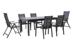 OUTFLEXX Premium Garten-Essgruppe, anthrazit/grau, Alu/Textilene, Ausziehtisch 180/240x100cm, 4 Stapel-, 2 Klappstühle