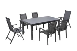 OUTFLEXX Premium Garten-Essgruppe, anthrazit/grau, Alu/Textilene, Ausziehtisch 180/240x100cm, 4 Stapel-, 2 Klappstühle