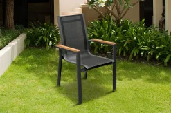 OUTFLEXX Premium Garten-Essgruppe, OUTFLEXX® anthrazit matt, Alu / Glas / Teak, Tisch 180/240 x 100cm, 6 Stapelsessel, 2 Klappstühle