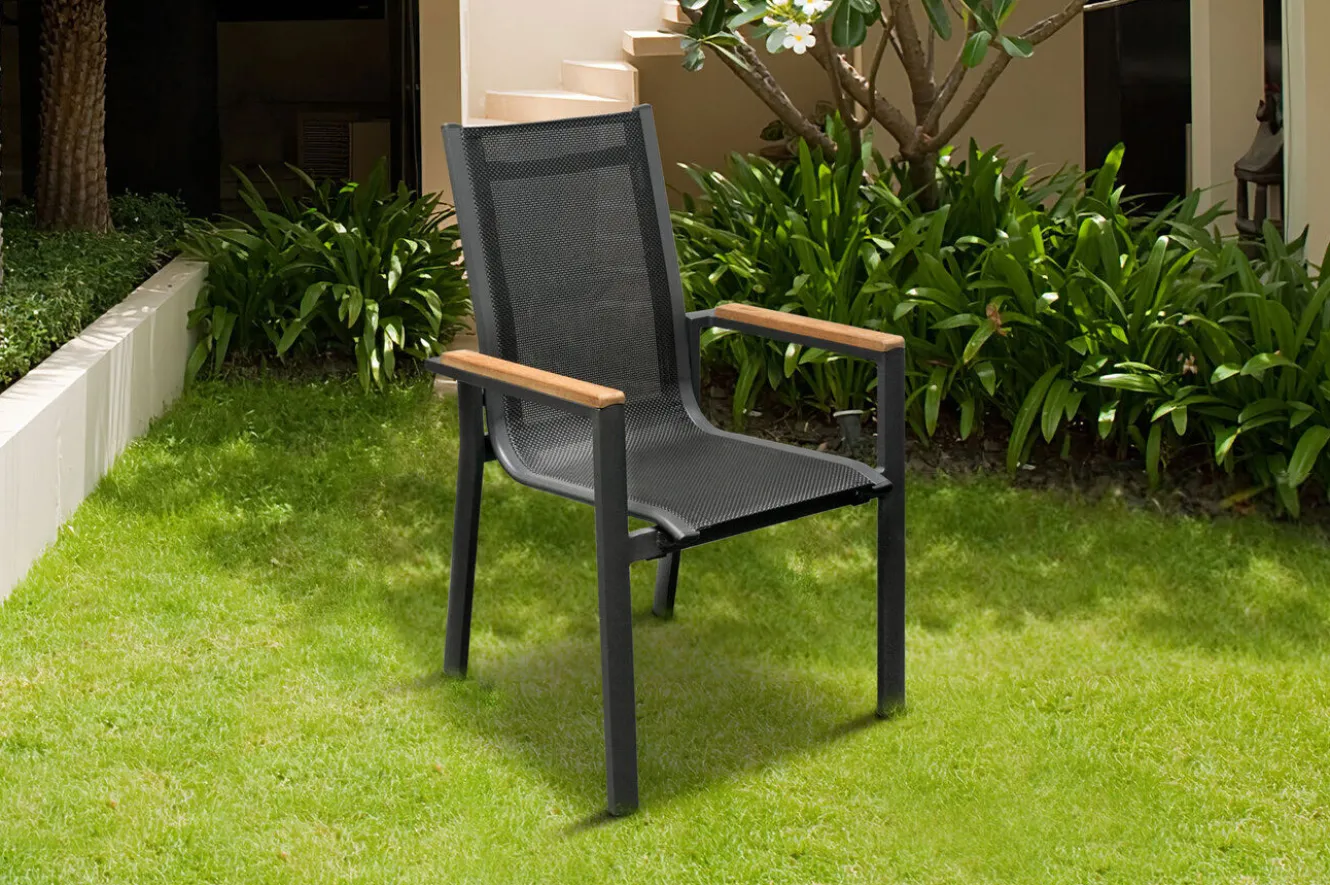 OUTFLEXX Premium Garten-Essgruppe, OUTFLEXX® anthrazit matt, Alu / Glas / Teak, Tisch 180/240 x 100cm, 6 Stapelsessel, 2 Klappstühle