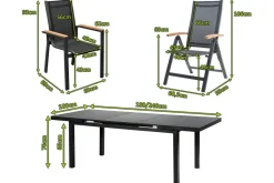 OUTFLEXX Premium Garten-Essgruppe, OUTFLEXX® anthrazit matt, Alu / Glas / Teak, Tisch 180/240 x 100cm, 6 Stapelsessel, 2 Klappstühle
